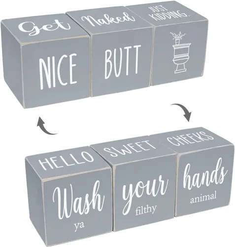 Decoración de baño de granja de 4 lados para estantes y mostrador, divertido letrero rústico de madera para invitados de baño, bonito trasero y gris
