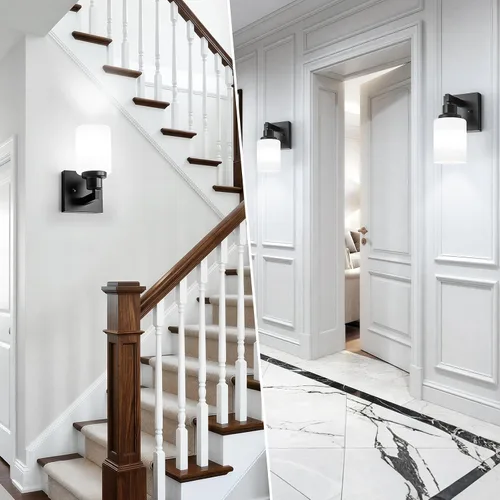 Miniatura 5 de Juego de 2 apliques de pared para baño, 1 luz negra, apliques de pared modernos para interiores con pantallas de vidrio blanco, lámpara de pared