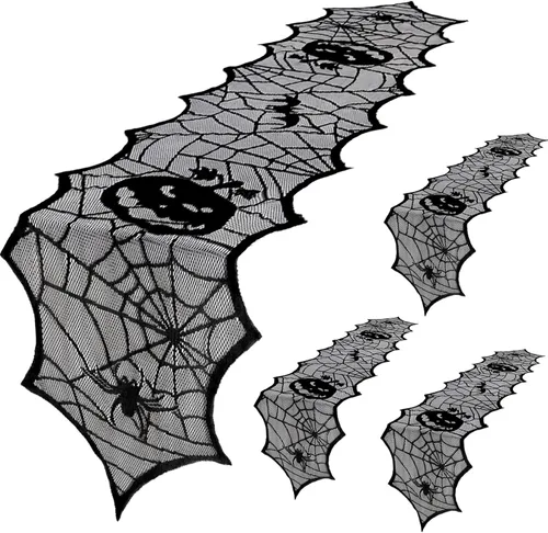 Miniatura 7 de B-COOL Camino de mesa de telaraña de Halloween, tela de araña negra, 2 paquetes de 18 x 72 pulgadas, mantel espeluznante de poliéster para fiestas