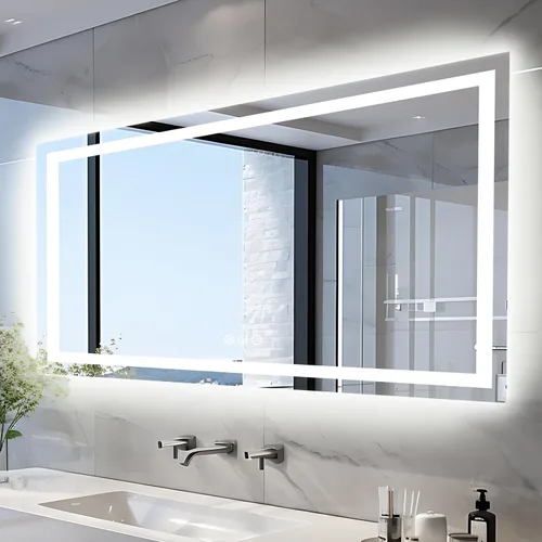 Miniatura 55 de EchosLife Espejos de baño LED de 20 x 28 pulgadas para pared, marco de aluminio negro (frontal y retroiluminado), espejo de tocador antivaho