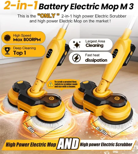 Miniatura 2 de qimedo Trapeador Eléctrico Inalámbrico con Batería de 6000mAh M1 Pro, Fregadora Eléctrica de 800RPM y Trapeadores para Limpieza de Pisos