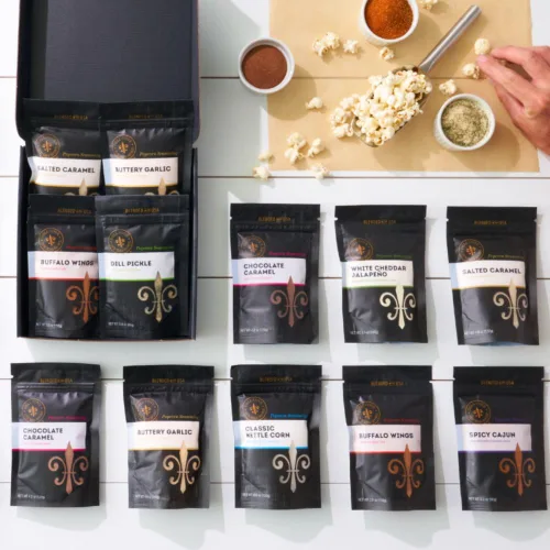 Miniatura 3 de Juego de regalo personalizado de tamaño familiar de cuatro condimentos gourmet para palomitas de maíz y media libra de granos gourmet, kit