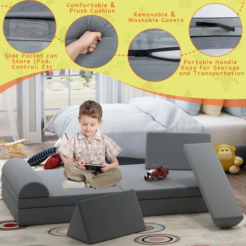 Miniatura 5 de Sofá modular de juego para niños, 8 piezas, sofá convertible para niños pequeños y bebés, sofá de construcción de fortaleza para niños, sofá