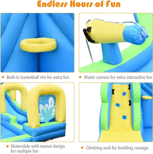 Miniatura 5 de OLAKIDS Tobogán acuático inflable, parque acuático 5 en 1, casa de rebote con tobogán de pared de escalada, piscina, borde de baloncesto, 2 pistolas