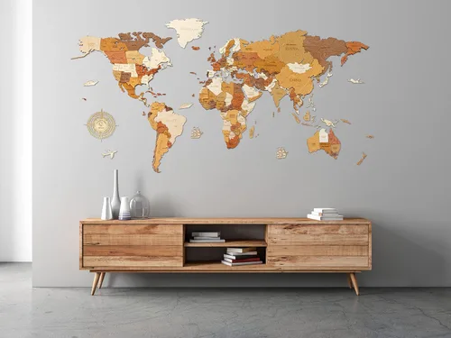 Miniatura 19 de Decoración de pared de mapa del mundo de madera, multicapa, madera teñida multicolor, nombres grabados, diseño 3D único, para cocina, oficina