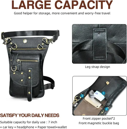 Miniatura 4 de Handadsume Riñonera de lona resistente al agua + cuero para motocicleta, riñonera de viaje para muslo, bolsa para hombres y mujeres, FB2141, 100%