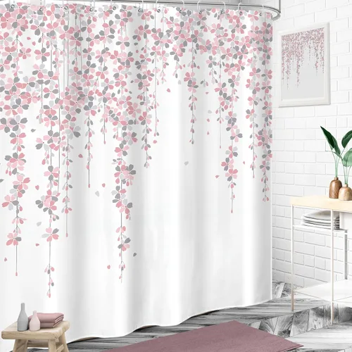 Miniatura 2 de Cortina de ducha floral gris y rosa de 72x72 pulgadas, flores de cerezo en rosa polvoriento y flores llorosas en primavera, tela impermeable