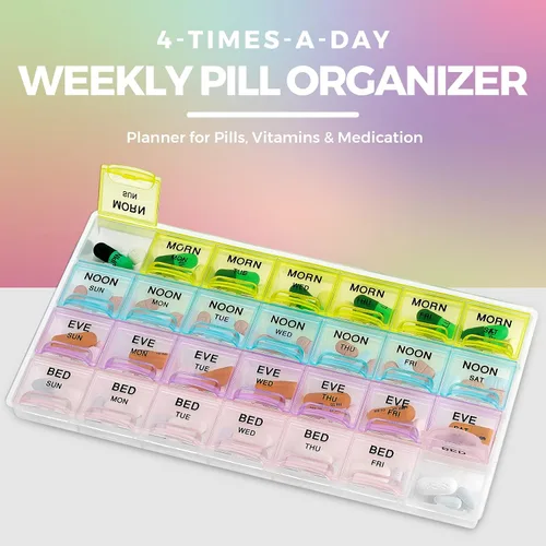 Miniatura 3 de Organizador de píldoras, organizador de pastillas grande con compartimentos semanales y diarios 4 veces al día para mañana, mediodía, noche, noche