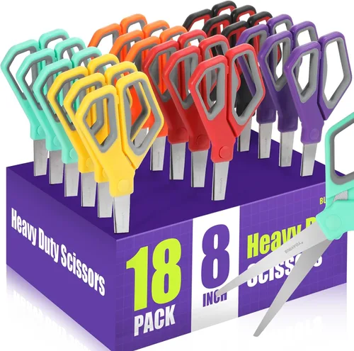 BURVAGY Paquete de 18 tijeras de 8 pulgadas para todo uso, tijeras resistentes con cuchillas ultra afiladas, mangos de agarre cómodo - para oficina,
