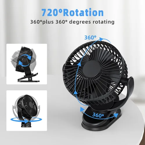 Miniatura 3 de ATEngeus Ventilador de escritorio recargable con clip USB, 3 velocidades, batería de 5000mAh, rotación de 720, abrazadera resistente para el hogar