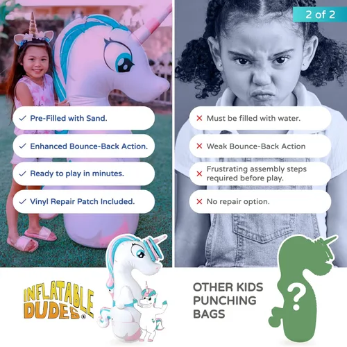 Miniatura 6 de INFLATABLE DUDES Juguete de unicornio de 47 pulgadas, saco de boxeo para niños, ya lleno de arena, bolsa de Bop, lanzamiento de anillos de unicornio