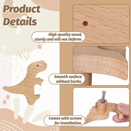 Miniatura 3 de Whaline 6 pomos de madera de dinosaurio con tornillos decorativos con temática de dinosaurio, pomos de tocador de madera natural, pomo de muebles