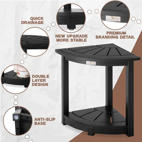 Miniatura 5 de VICTORY RELAX Estante esquinero de madera de acacia para ducha interior, banco de ducha impermeable y reposapiés para afeitarse las piernas, asiento