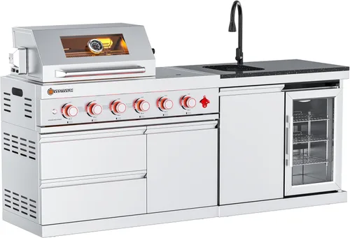 Miniatura 7 de Isla de cocina modular para exteriores, 4 parrillas de gas natural y quemador lateral, estación de barbacoa de 75300 BTU con refrigerador