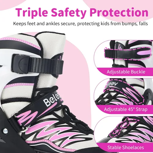 Miniatura 4 de BELEEV Patines en línea con ruedas iluminadas y cordones, cuchillas ajustables de 4 tallas para niños, niños y niñas de 5-8, 8-12, 6-12, patines Rosa