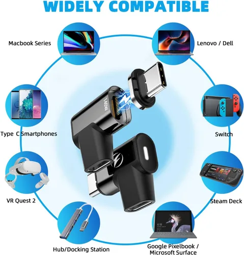 Miniatura 5 de Adaptador magnético USB tipo C, (paquete de 2) adaptador USB C magnético de 24 pines con PD 140 W USBC 4 20 Gbps transferencia de datos 8K 60Hz