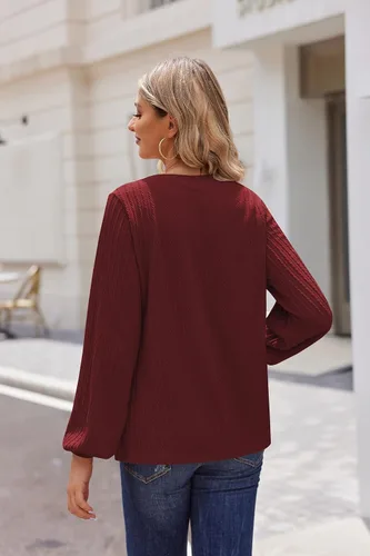 Miniatura 5 de HOTOUCH Women's Long Sleeve Tops V Neck Lantern Sleeve Blouse Dressy Casual Ribbed Knit Tunics Loose Fit Fall Shirts 2023