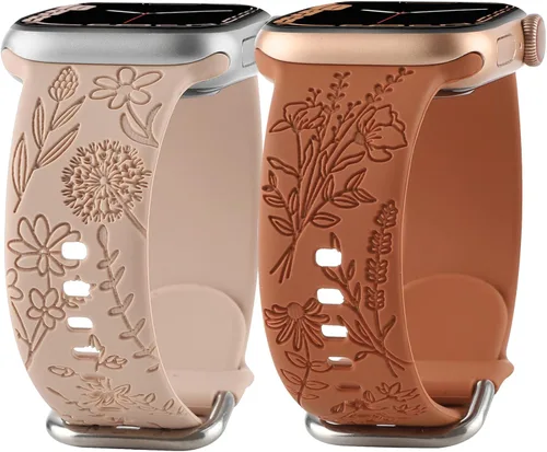 Miniatura 11 de Correa de silicona grabada con flores compatible con correas de Apple Watch de 1.496 pulgadas, 1.575 pulgadas, 1.614 pulgadas, bonita correa Negro