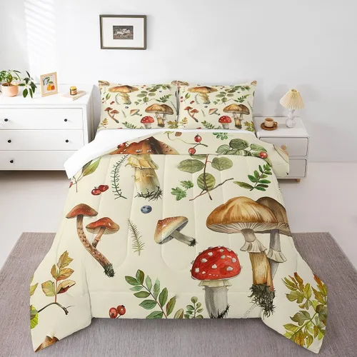 Feelyou Lindo juego de ropa de cama de hongos kawaii tamaño individual para niños y niñas, decoración de hongos salvajes, juego de edredón de