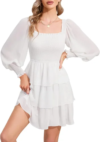 Byinns Vestido de manga larga con volantes y cuello cuadrado para mujer, estampado floral, con lazo en la espalda, vestido mini con vuelo en capas