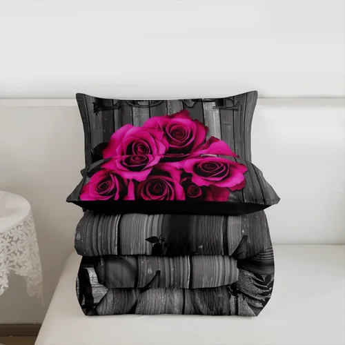 Miniatura 7 de Juego de edredón de flores de rosas rosa intenso, juego de ropa de cama retro rústico floral con rosas para el día de San Valentín, boda, pareja