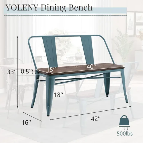 Miniatura 3 de YOLENY Banco de comedor, banco de entrada con respaldo, banco de comedor de metal de granja, banco industrial de mediados de siglo para 3 personas