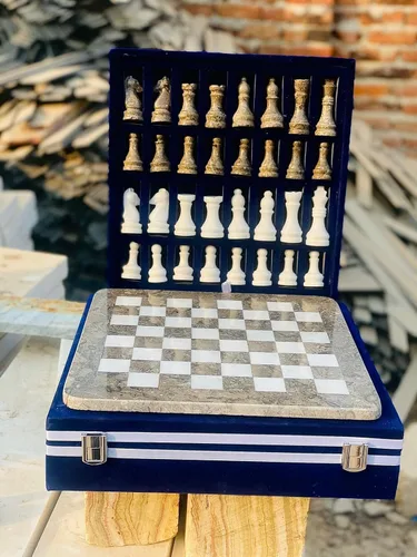 Juego de ajedrez de mármol hecho a mano de 15 pulgadas con caja de regalo de terciopelo azul, tablero de ajedrez de piedra y piezas talladas (gris