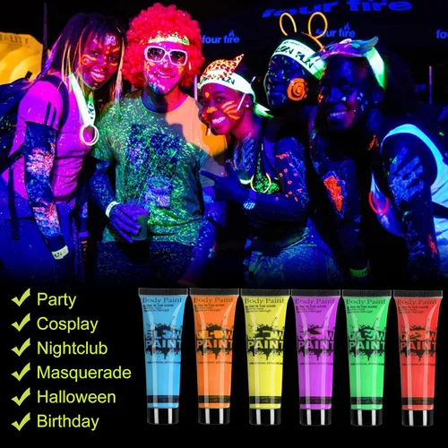 Miniatura 3 de GARYOB - Pintura para rostro y cuerpo que brilla en la oscuridad, luz UV y neón, fluorescente, 0.34 onzas, juego de 6 tubos 6 colores x 0.3 fl oz