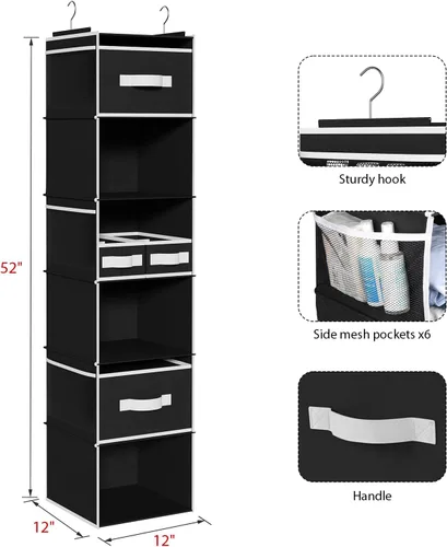 Miniatura 3 de Univivi Organizador de armario colgante de 6 estantes y almacenamiento con 4 cajones extraíbles y 6 bolsillos laterales, organizador de ropa