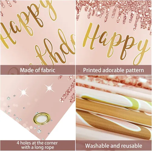 Miniatura 6 de Cartel de feliz cumpleaños de oro rosa y decoraciones de fondo para niñas y mujeres, suministros de letrero de fiesta temática rosa, gran póster