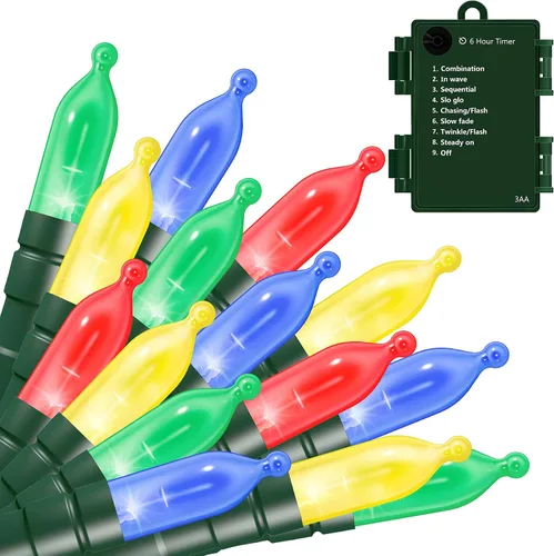 ASENEK Tira de luces a pilas, 50 luces LED multicolor de Navidad con temporizador y 8 modos, mini luces de 18 pies para árbol de Navidad, corona,