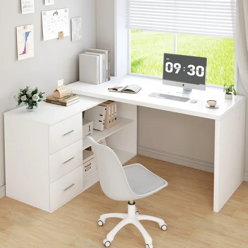Miniatura 18 de HSH Escritorio Blanco en Forma de L con Cajones y Estantes, Escritorio de Esquina para Oficina en Casa en Forma de L con Gabinete de Almacenamiento