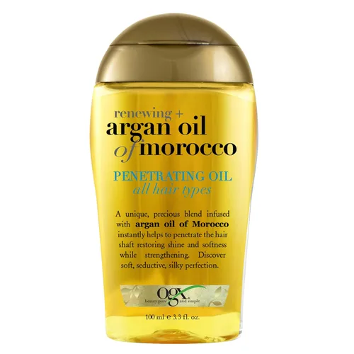 OGX Aceite de argán renovador + de Marruecos, aceite de argán prensado en frío para tratamiento penetrante y brillo del cabello, aceite sedoso