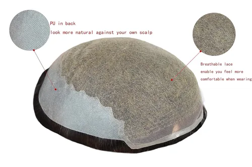 Miniatura 3 de Toupee para hombres con sistema de cabello humano para hombres, 8 x 10 pulgadas, gorra de encaje francés suave con 2 pulgadas claramente