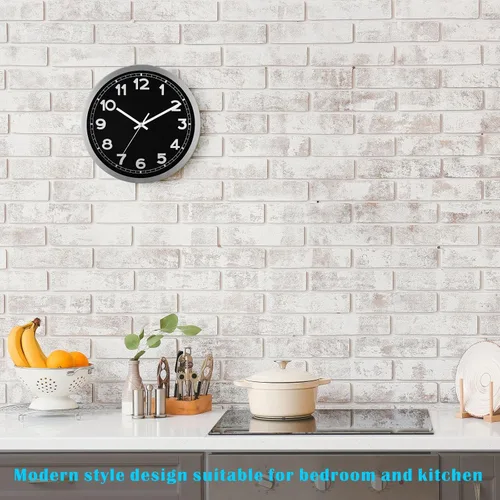 Miniatura 5 de Plumeet Reloj de pared pequeño, 10 pulgadas, funciona con pilas, con marco de aluminio plateado, reloj de pared de metal silencioso que no hace