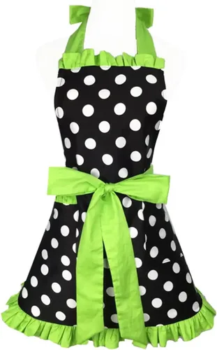Miniatura 11 de Hyzrz Lindo delantal retro negro de lunares retro con volantes laterales vintage delantales de cocina con bolsillos para mujeres y niñas (lado azul)