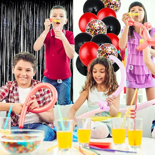 Miniatura 7 de Decoraciones de cumpleaños para hombres y mujeres, globos negros y rojos, pancarta de feliz cumpleaños, cortina metálica con flecos para fiesta