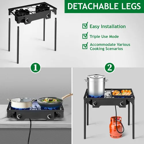 Miniatura 5 de Karl home Estufa de gas propano de 2 quemadores para cocinar al aire libre, cocina de campamento de 225,000 BTU con patas extraíbles y regulador PSI