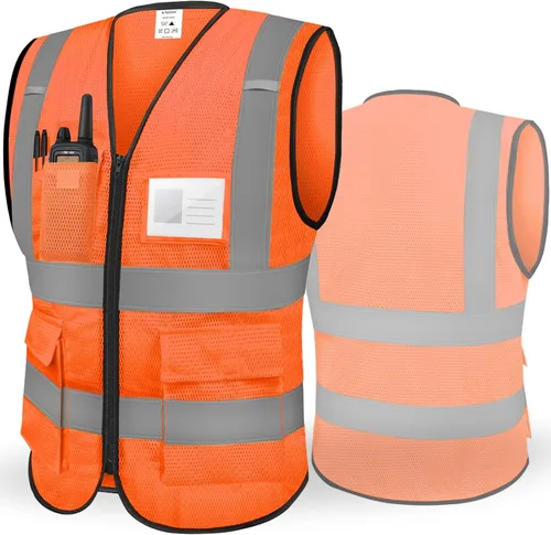 TICONN Chaleco de seguridad reflectante de alta visibilidad Clase II de malla para mujeres y hombres Cumple con los estándares ANSI Naranja