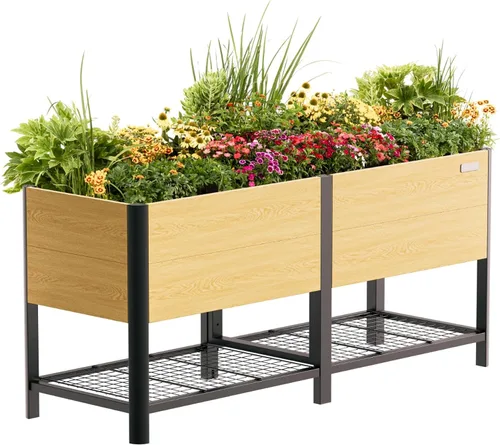 Miniatura 11 de Cama de jardín elevada con ruedas, macetas elevadas de grano de madera de metal de 2 x 4 pies con patas y estante de almacenamiento para patio
