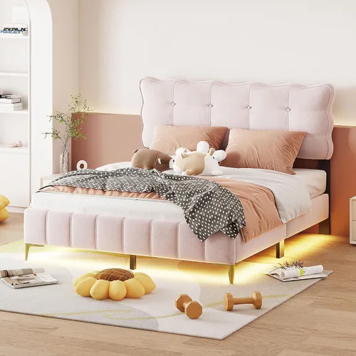 Miniatura 28 de Cama de plataforma flotante, marco de cama de madera tamaño individual con rayas claras, tela de lino suave y cabecera de diseño capitoné