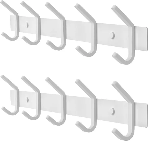 Miniatura 9 de Perchero de Pared Blanco – Riel de Ganchos de Acero Inoxidable de 15 Pulgadas con 5 Ganchos Dobles Resistentes para Abrigos – Perchero Montado