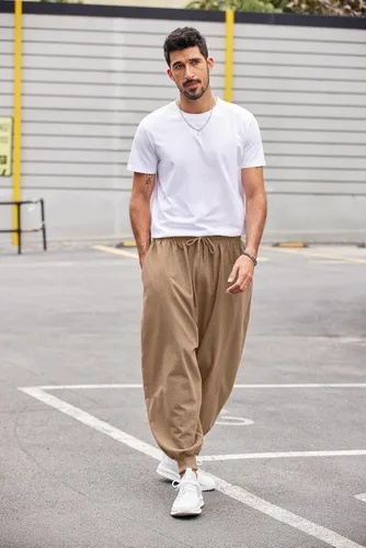 Miniatura 2 de COOFANDY Pantalones de harén hippie para hombre, holgados, de lino, algodón, pantalones de yoga, pantalones de playa de verano, pantalones casuales