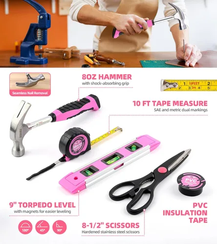 Miniatura 6 de Juego de herramientas de 143 piezas rosa para propietario de casa con destornillador inalámbrico de 3.6 V, kit de herramientas manuales