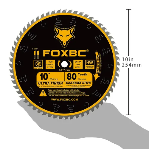 Miniatura 4 de FOXBC Hoja de sierra de mesa de 10 pulgadas, 80 dientes, corte ultra fino de madera, eje de 5/8 de pulgada
