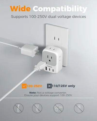 Miniatura 6 de Adaptador de toma de 2 a 3 clavijas, TESSAN Adaptador de enchufe de EE. UU. a Japón, paquete de 2 con 4 salidas, 3 USB (2 USB-C), adaptador
