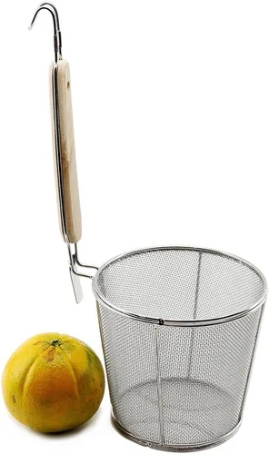 Cesta grande de acero inoxidable, mango de madera para resistencia al calor, malla fina de 5 x 5 pulgadas, fideos de pasta Udon Ramen, enjuague para