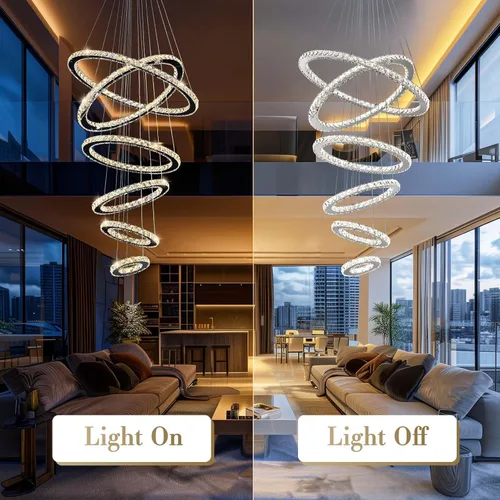 Miniatura 6 de Siljoy Moderna lámpara de araña de cristal, 6 anillos, lámpara de techo LED con 3 colores, lámpara de techo alto para sala de estar, comedor