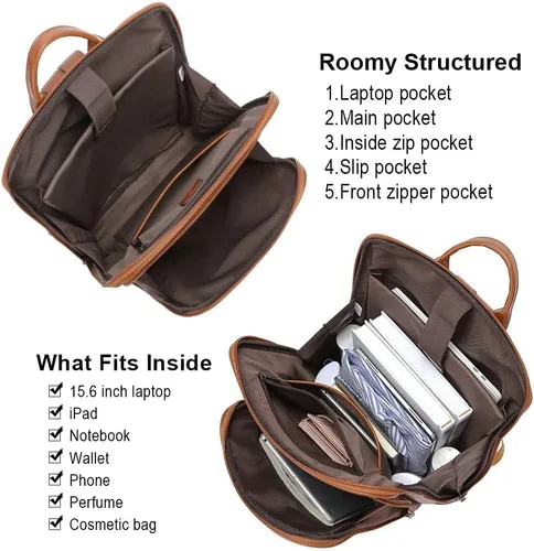 Miniatura 4 de CLUCI Mochila de cuero para computadora portátil de 15.6 pulgadas para mujer, mochila grande de viaje para negocios, trabajo, color blanco roto