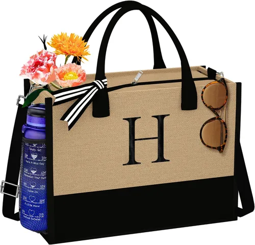TOPEAST Jute Initial Tote Bag Burlap Beach Bag Personalized Birthday Gifts for Women Teacher Mom Bridal Bridesmaid Gifts